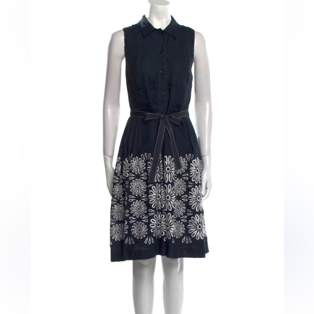 O Oscar Sundress Linen SZ 4 Sleeveless Blue Daisy Embroidery Oscar De La Renta